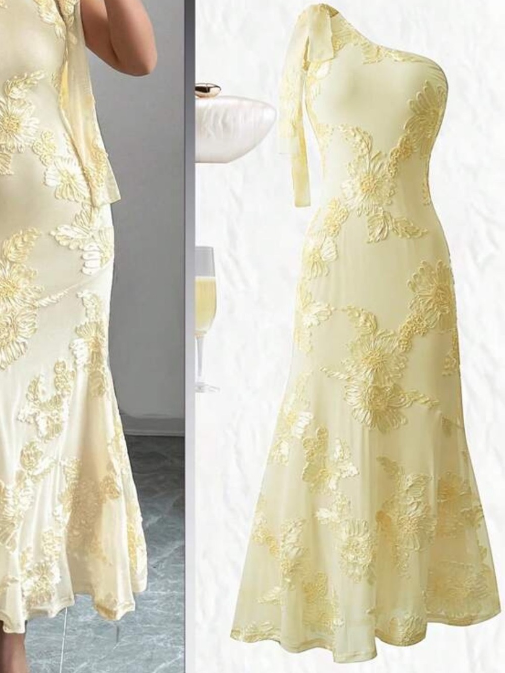 One-Shoulder Yellow Lace Evening Dress